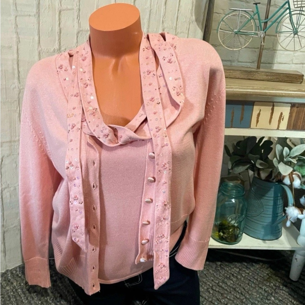 Randolph Duke THE LOOK 2-Pc Silk & Cashmere Cardigan W/Tank & Scarf  Sz S NEW!